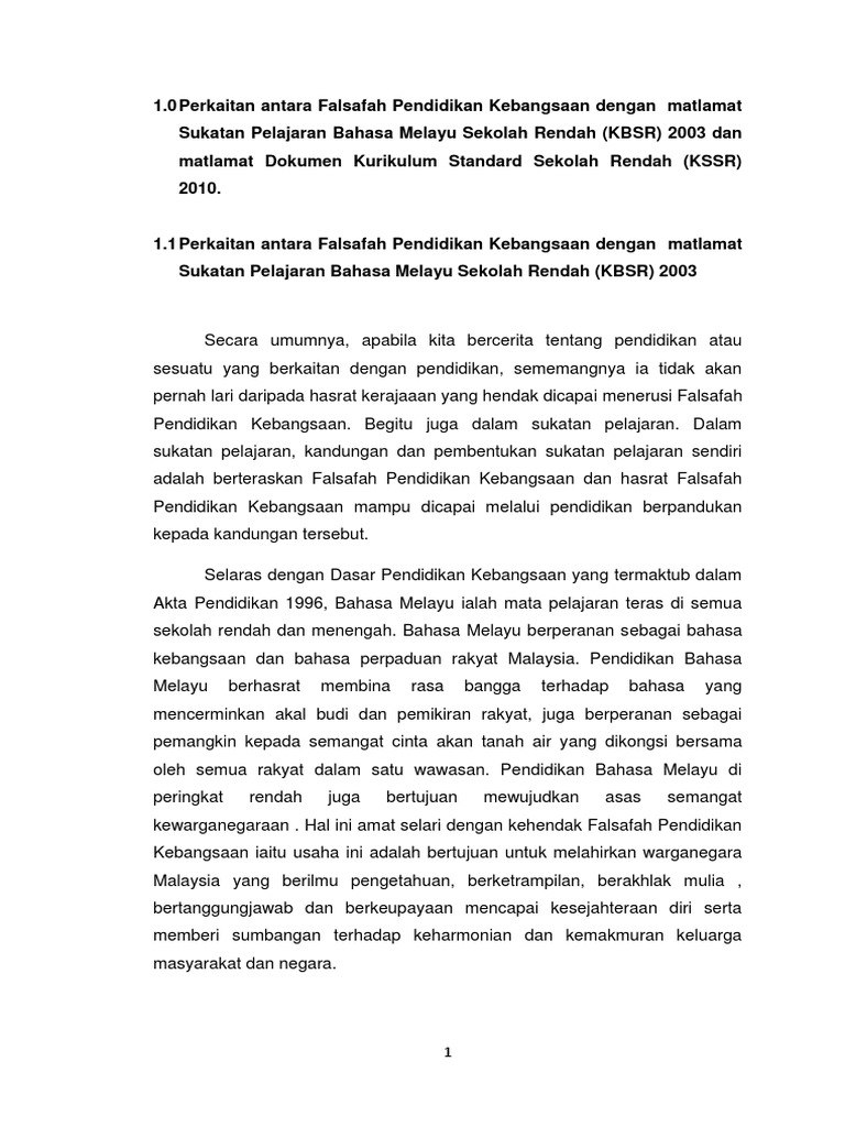 Perkaitan Antara Falsafah Pendidikan Kebangsaan Dengan Matlamat Sukatan Pelajaran Bahasa Melayu Sekolah Rendah Pdf