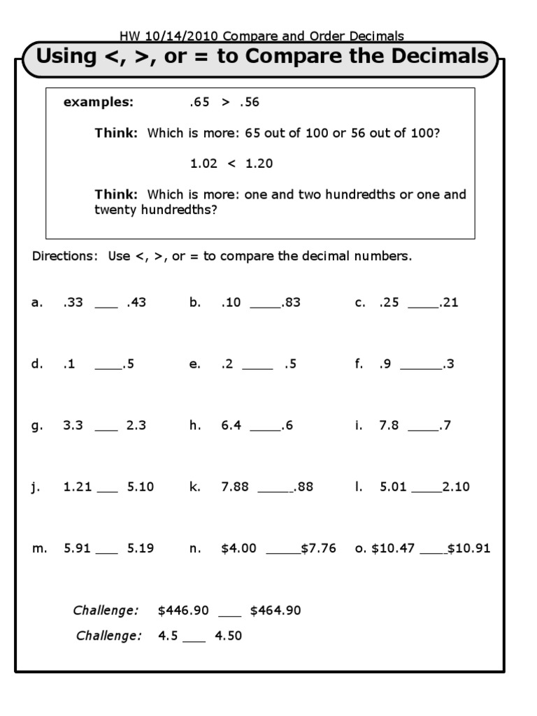 HW 10-14-2010 Compare and Order Decimals MS Word 1997 | PDF