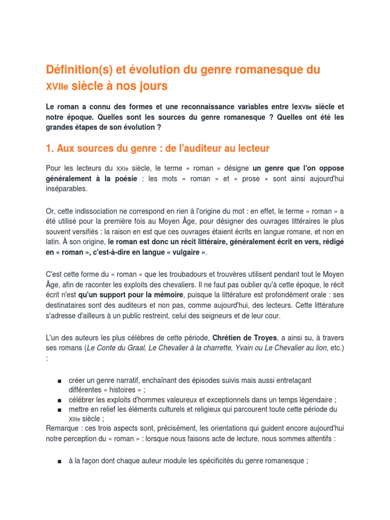 Definition S Et Evolution Du Genre Romanesque Du Siecle A Nos Jours Romans