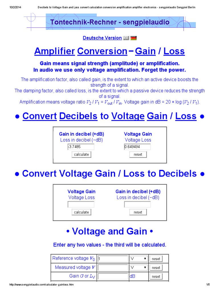 Decibels to Voltage Gain and Loss Convert Calculation Conversion