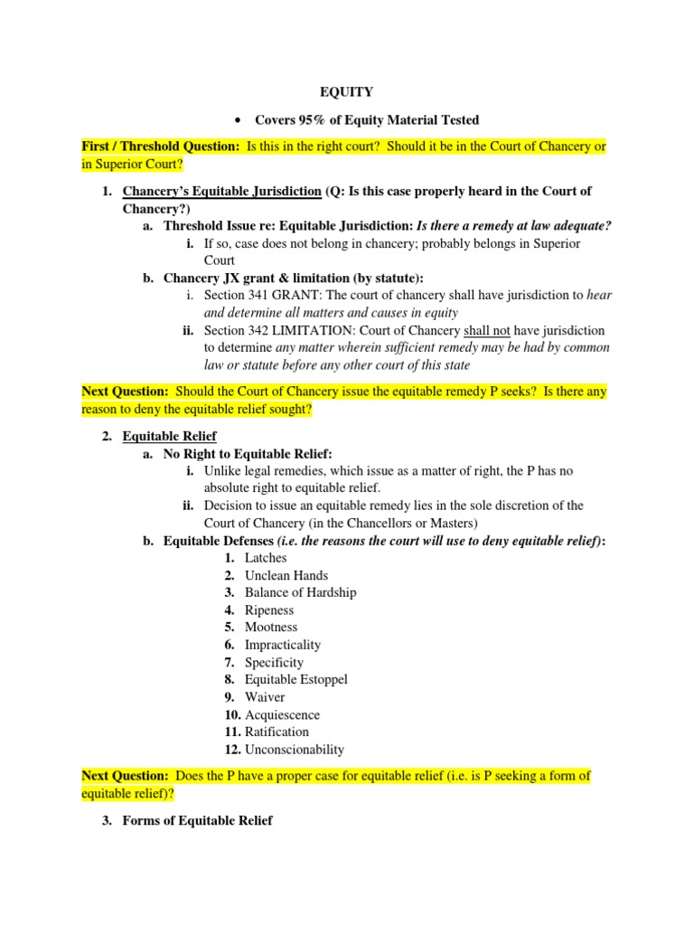 Condensed Equity Outline | PDF | Court Of Chancery | Equitable Remedy
