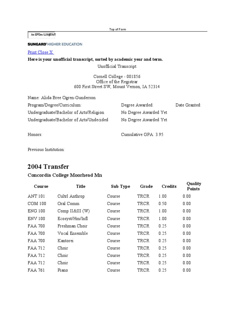 Unofficial Cornell Transcript | PDF | Educational Assessment And ...