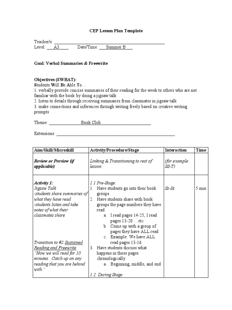 CEP Lesson Plan for Book Club Activities | PDF | Lesson Plan | Epistemology