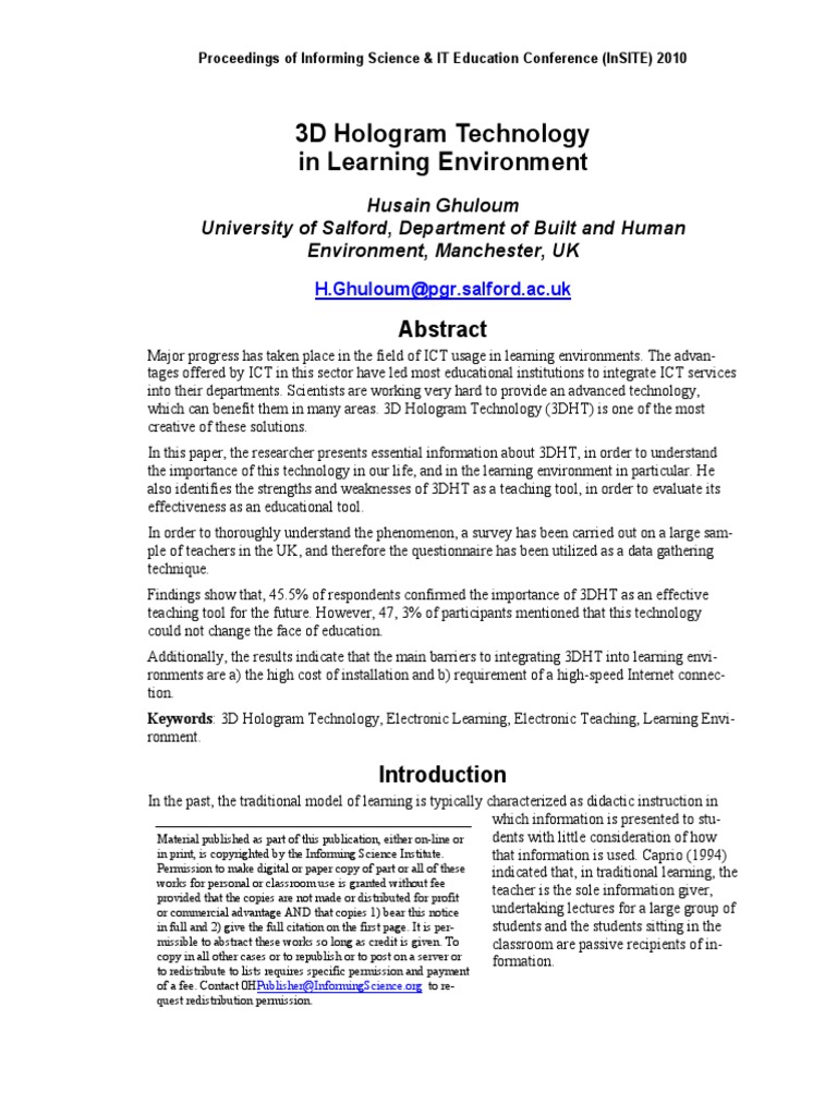 3D Hologram Technology in Learning Environment | PDF | Holography ...
