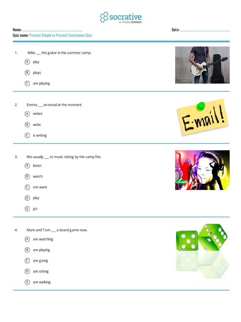 Present Simple Vs Present Continuous Quiz | PDF | Albums | Rock Albums