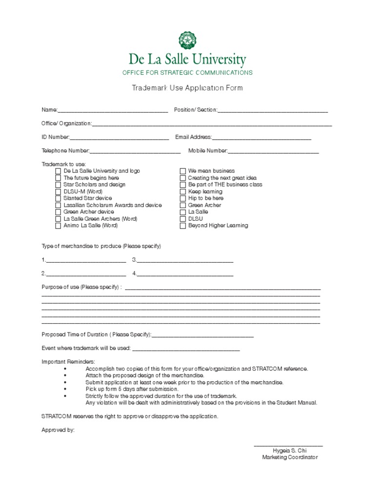 DLSU Trademark Use Application Form | PDF