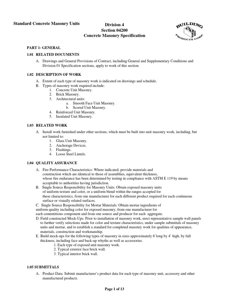 Concrete Masonry Specifications Guide | PDF | Masonry | Concrete