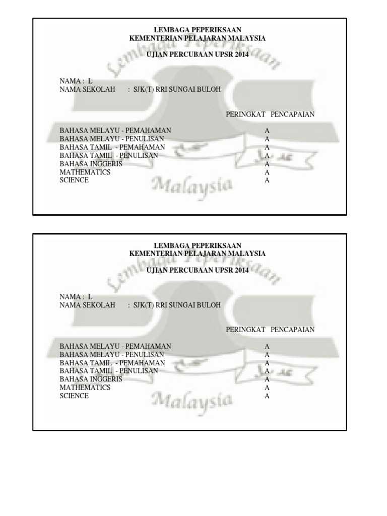 Contoh Slip Keputusan Percubaan PDF
