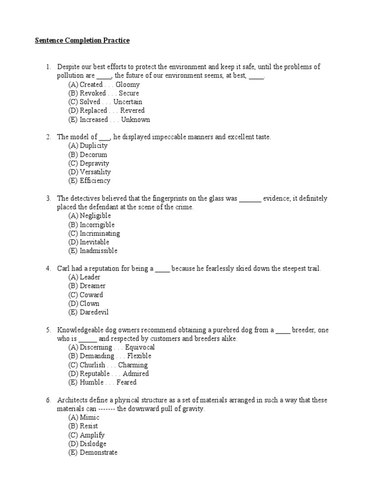 Sentence Completion Practice Exercises | PDF | Young Adult