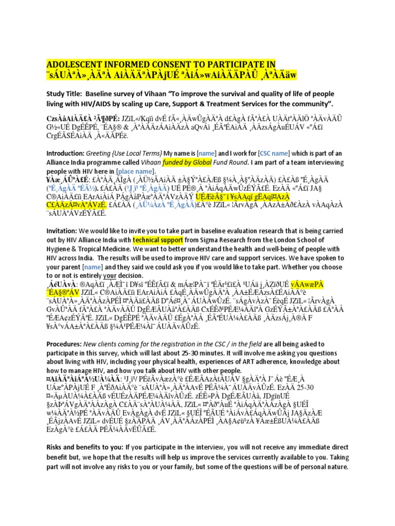 Adolescent Informed Consent - Kannada | PDF | Quality Of Life | Hiv/Aids