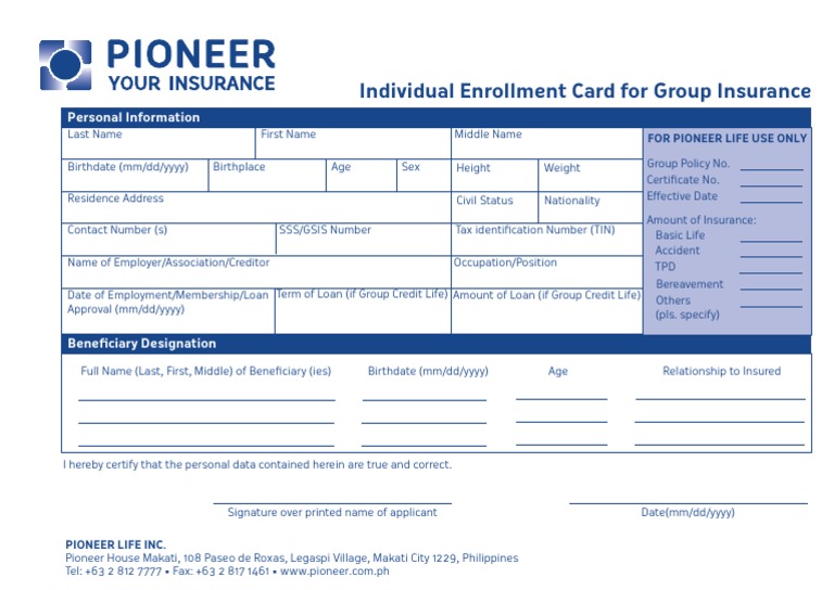 Individual Enrollment Card - Group Insurance | PDF | Politics | Law