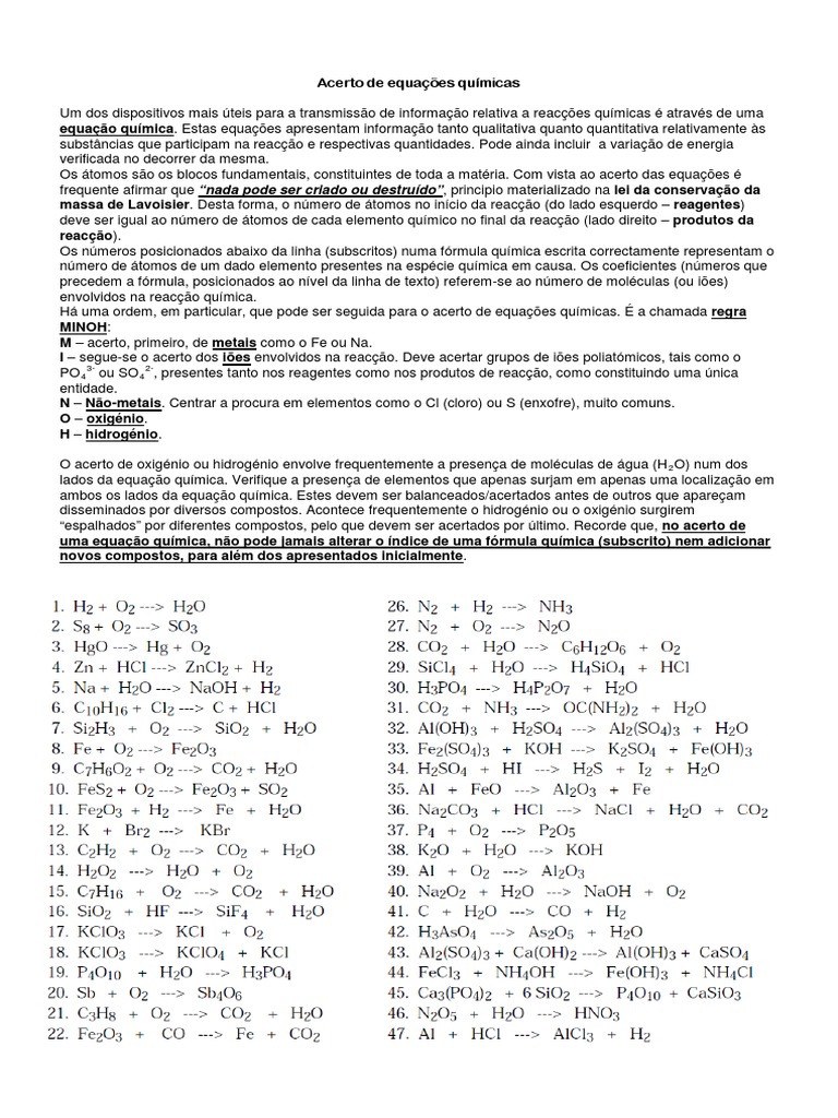 Acerto de Equações Químicas: Regras e Exemplos | PDF | Ciências e ...