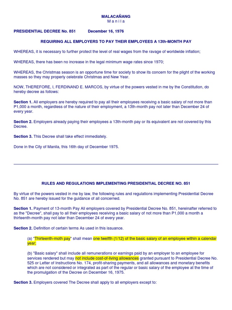 Implementing presidential decree no 851 requiring all employers to