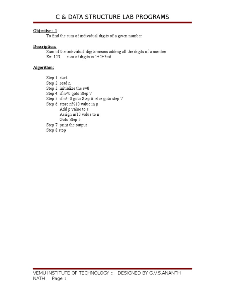 C Programming and Data Structures Lab Manual PDF Parameter
