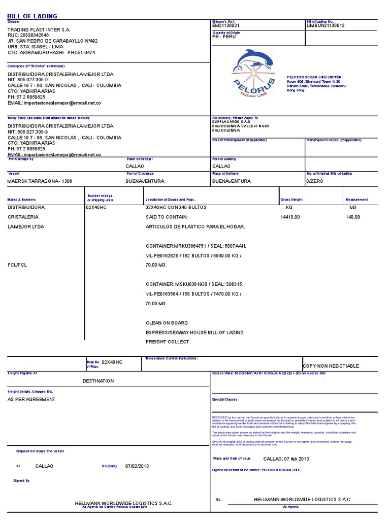 BL (La Mejor) | PDF | Bill Of Lading | Cargo