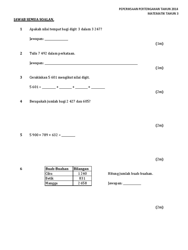Soalan Matematik Tahun 3