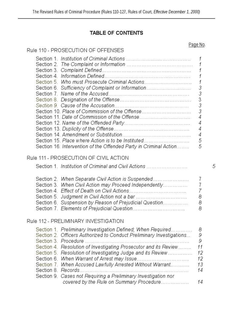 Revised rules on criminal procedure table of contents criminal