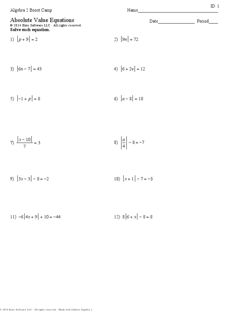 Absolute Value Equations Practice | PDF | Algebra | Teaching Mathematics