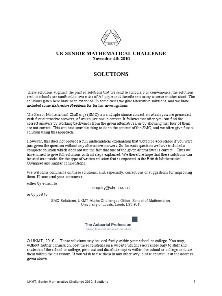 UKMT Senior Maths Challenge Solutions 2010 | PDF | Rational Number ...