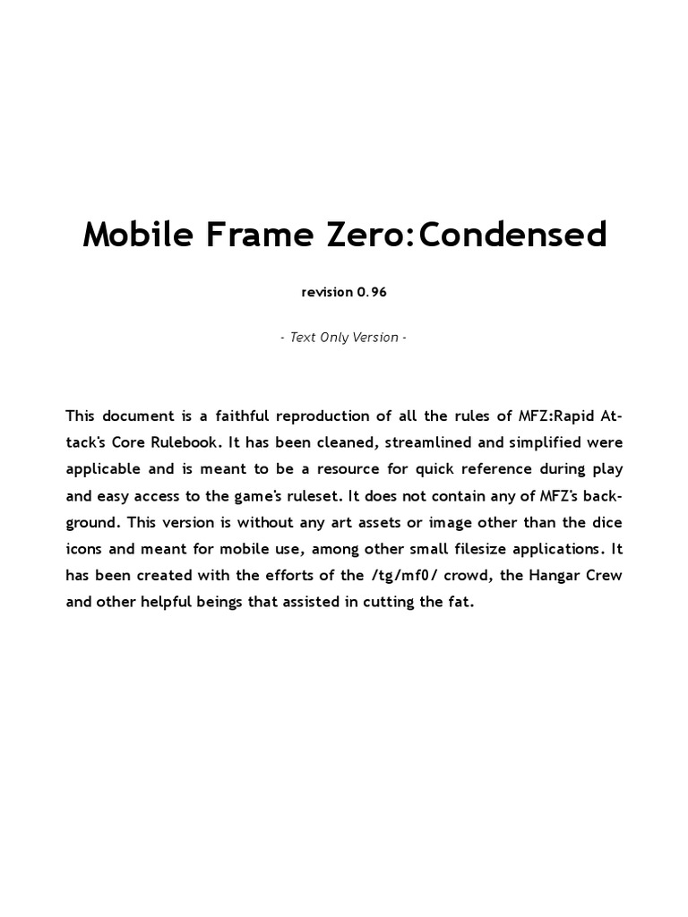 Mobile Frame Zero Condensed PDF Armed Conflict Leisure