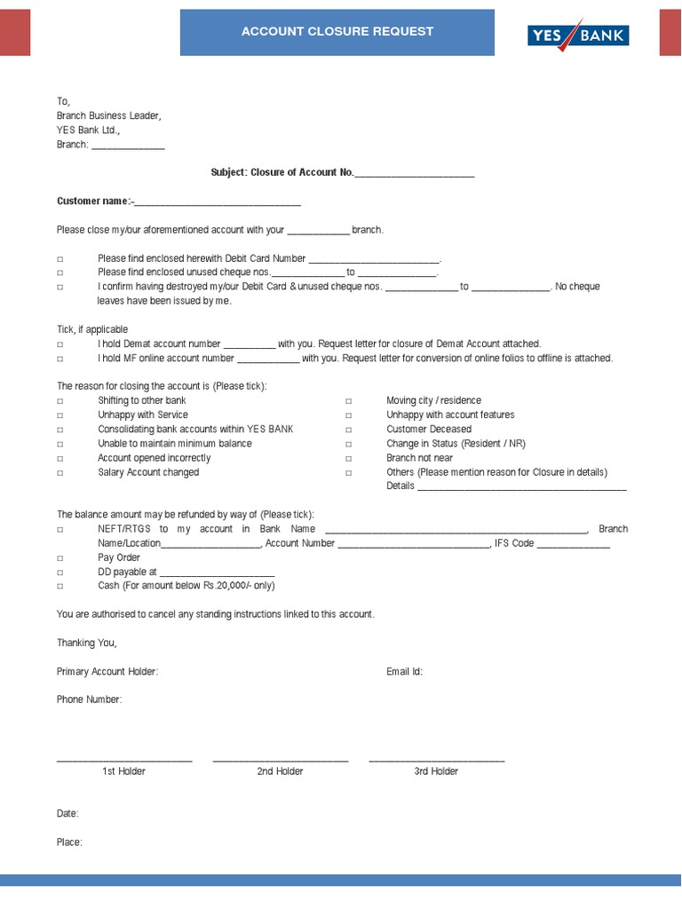 Yes Bank Account Closure Request Form | PDF