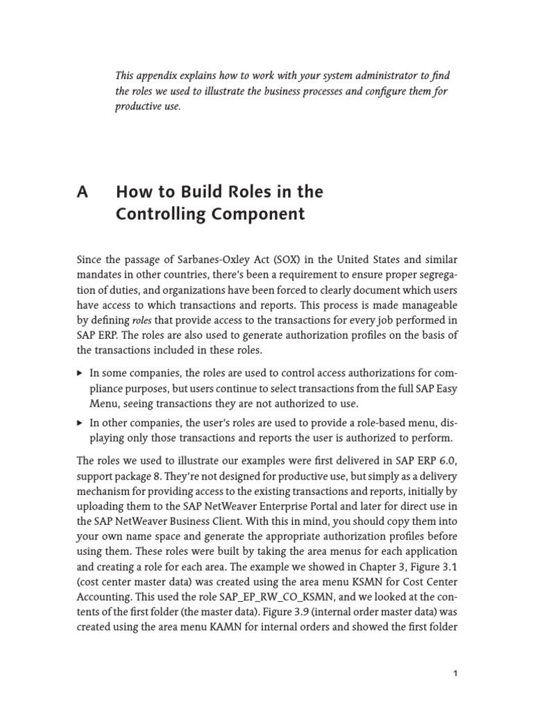 How To Build Roles in The SAP Controlling Component | PDF
