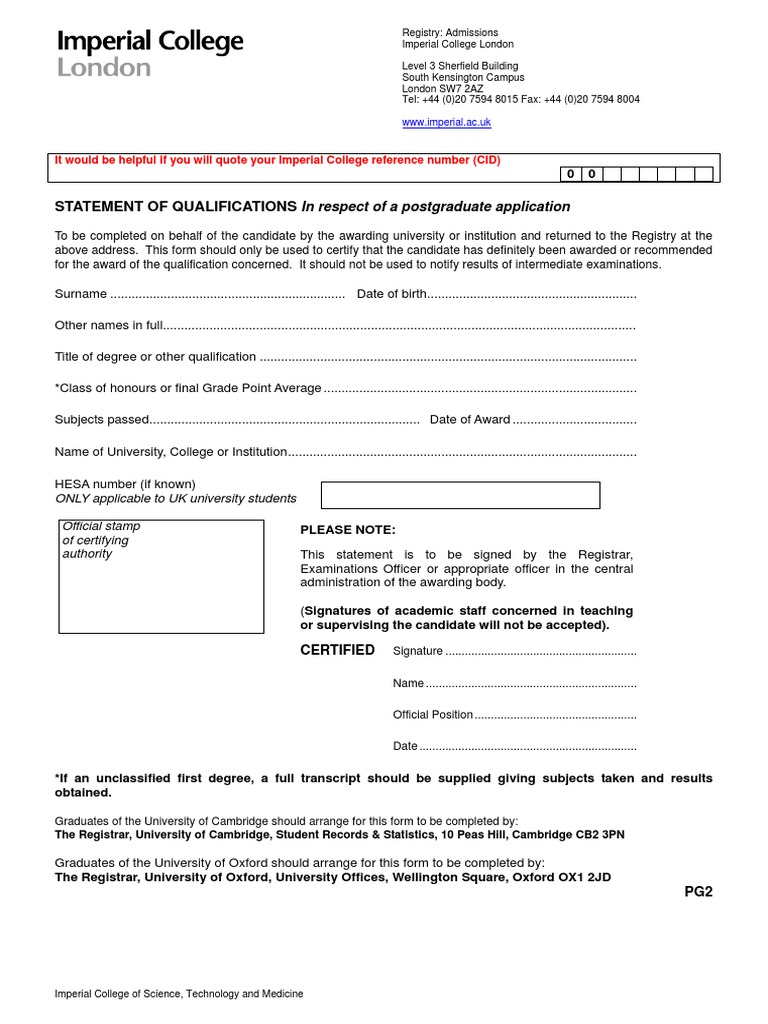 Statement of Qualifications: in Respect of A Postgraduate Application | PDF