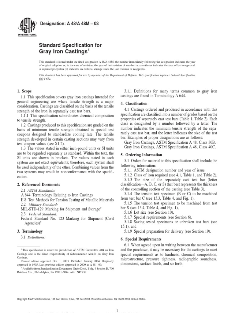 Astm A48-A48m-03 | PDF | Casting (Metalworking) | Heat Treating
