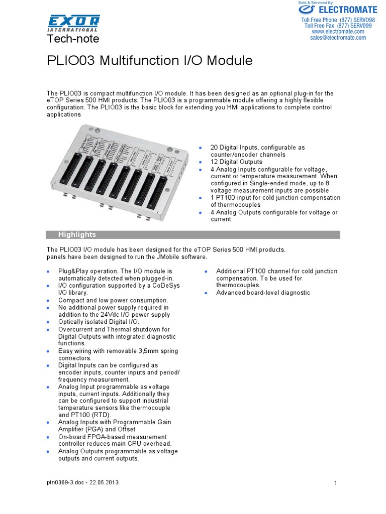 Exor PLIO03 OI Module Specsheet | PDF | Thermocouple | Electrical Connector