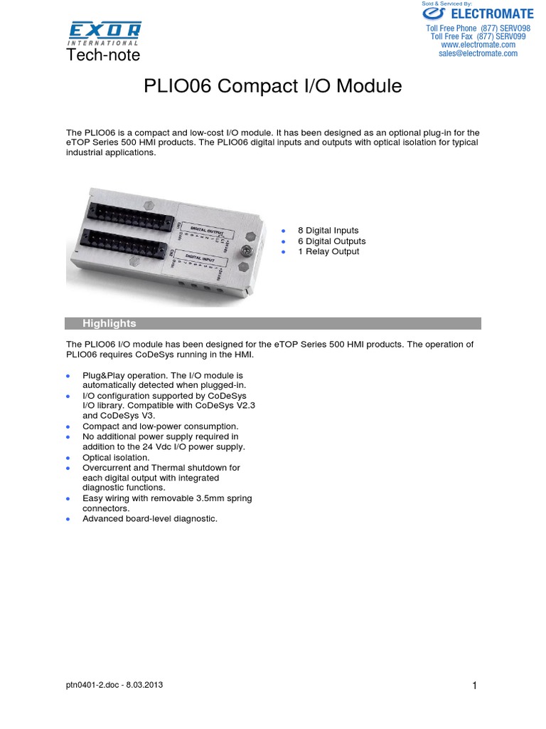 Exor PLIO06 OI Module Specsheet | PDF | Power Supply | Electrical Connector