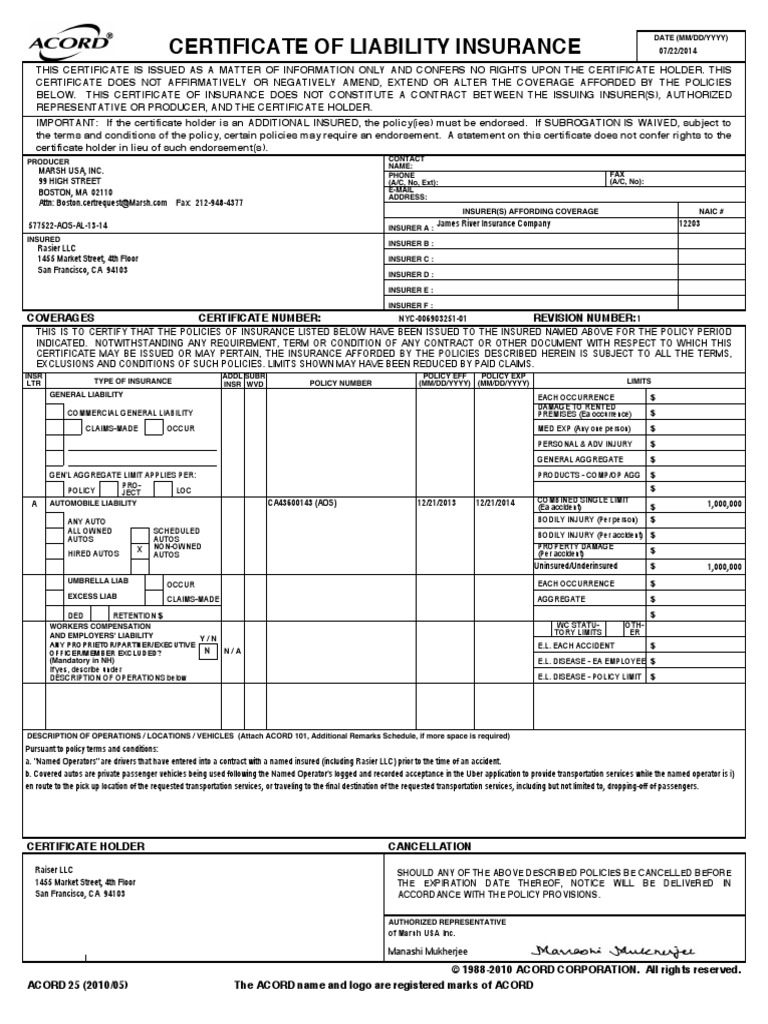 Certificate of Liability Insurance 22.22.22  PDF  Liability Throughout Acord Insurance Certificate Template