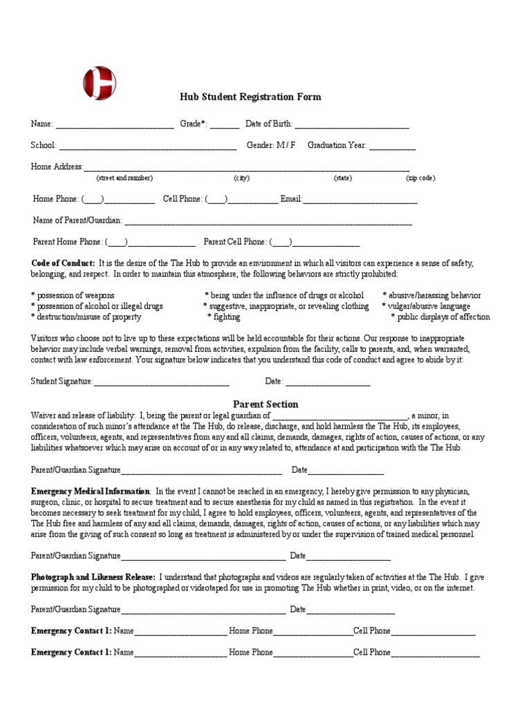 Hub Student Registration Form: (Street and Number) (City) (State) (Zip ...