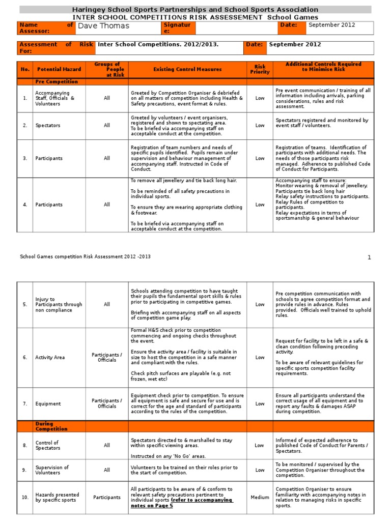 School Games Risk Assessment | PDF | Indoor Sports | Sports