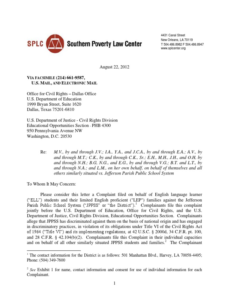 Jefferson Parish LEP OCR Complaint Individualized