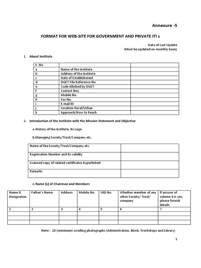Format For Web-Site For Government and Private Iti S: Annexure - 5 ...