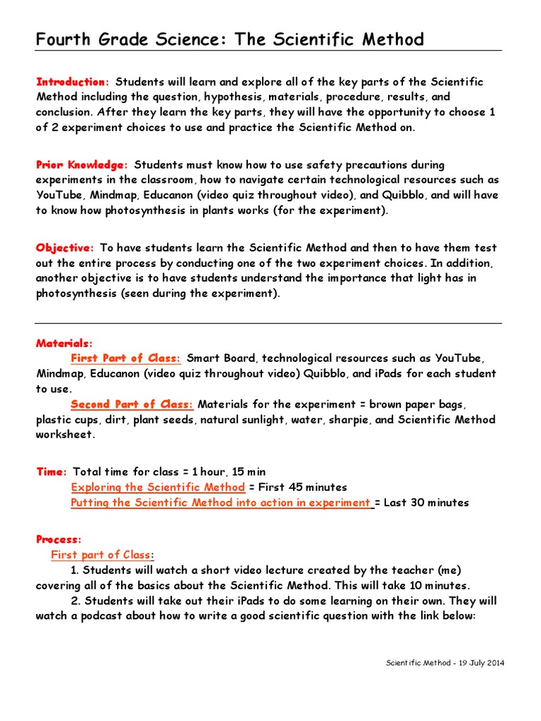 Haley Placke 4th Grade Science Lesson Plan Scientific Method Experiment