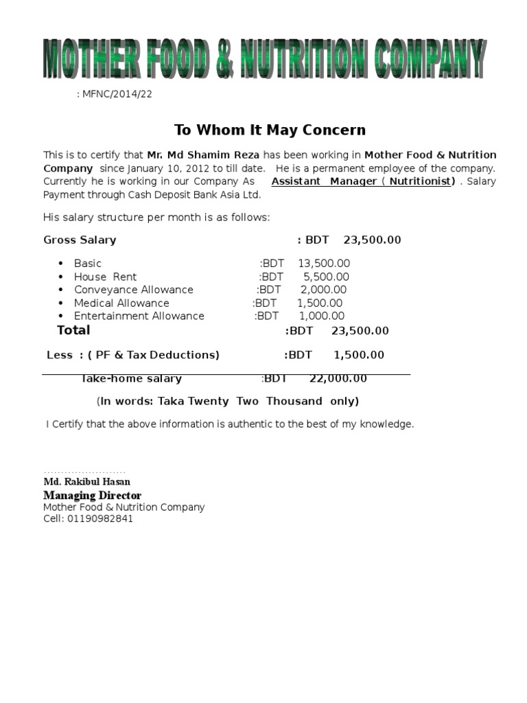 Salary Certificate Nutrition Food And Drink