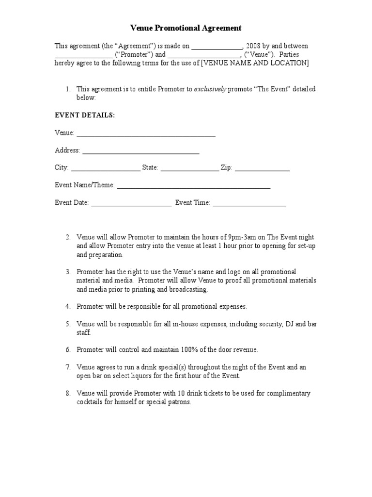 Venue Promotional Agreement Template | PDF | Finance & Money Management ...