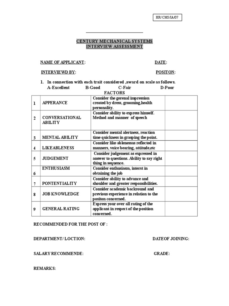Interview Assessment for Applicants | PDF