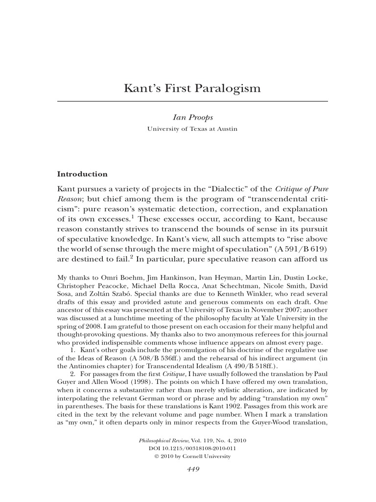 Kant's First Paralogism: Ian Proops | PDF | Immanuel Kant | Rationalism