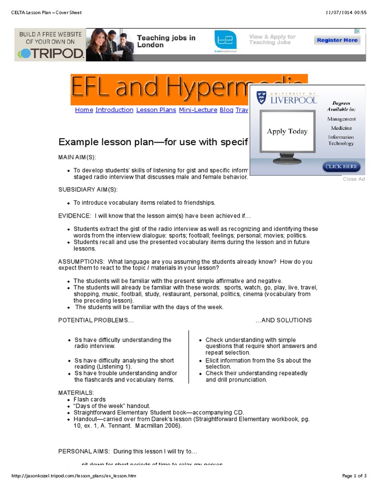 Celta Lesson Plan Cover Sheet Pdf Lesson Plan Vocabulary