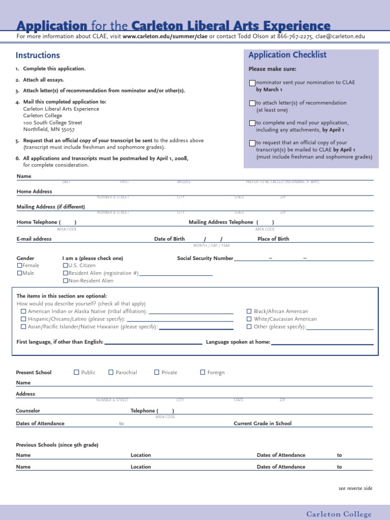 Carleton Liberal Arts Experience Application | PDF | White Americans ...