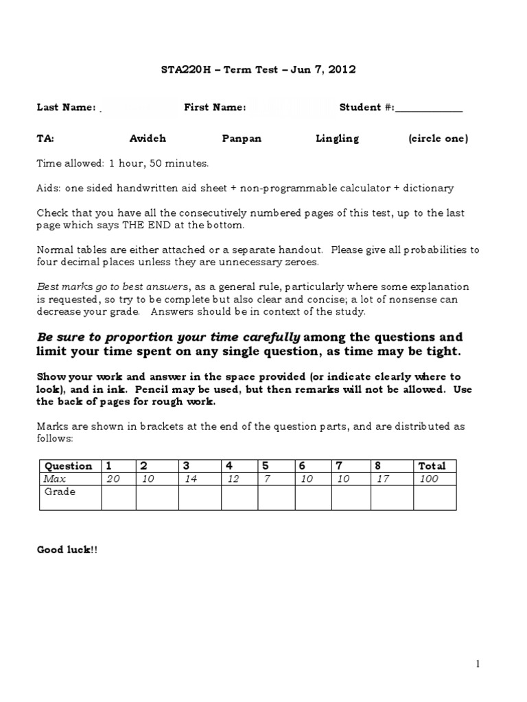 Utsg Sta220 Midterm 2012s | PDF | Errors And Residuals | Sensitivity ...