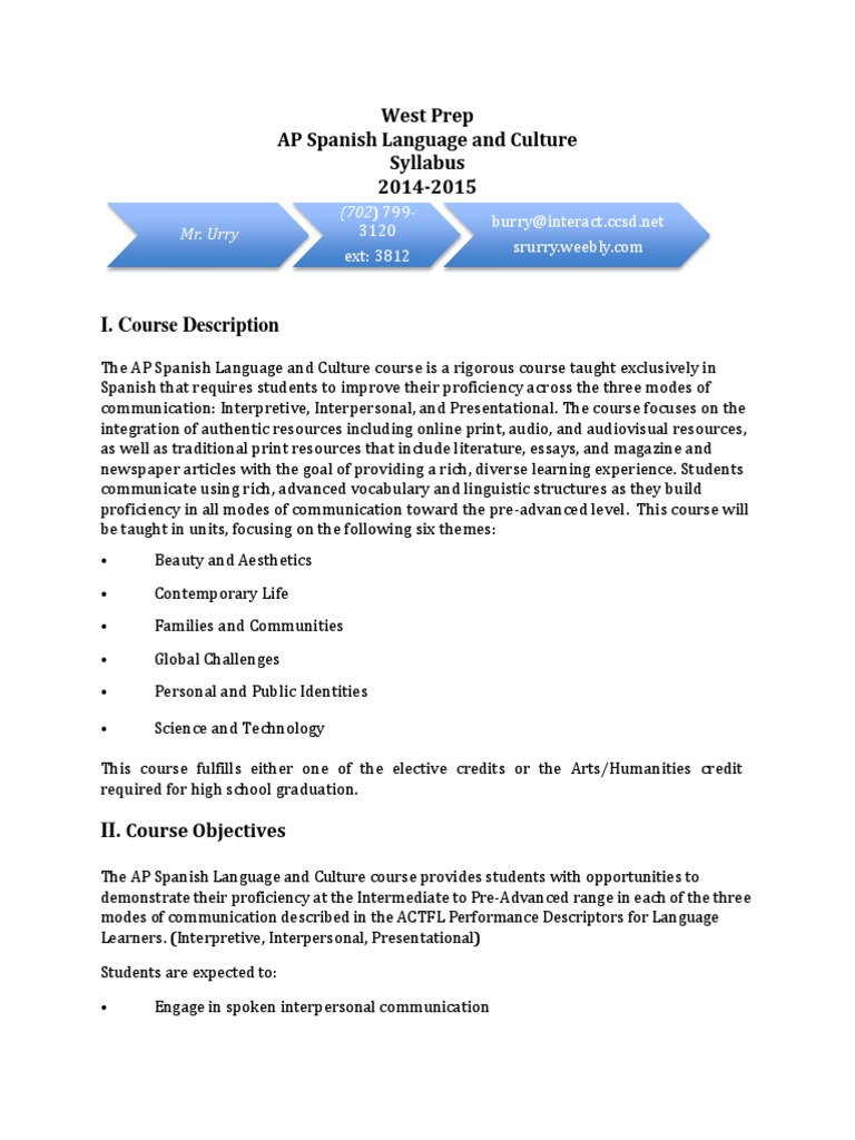 Ap Spanish Language and Culture Final Syllabus | PDF | Homework | Classroom