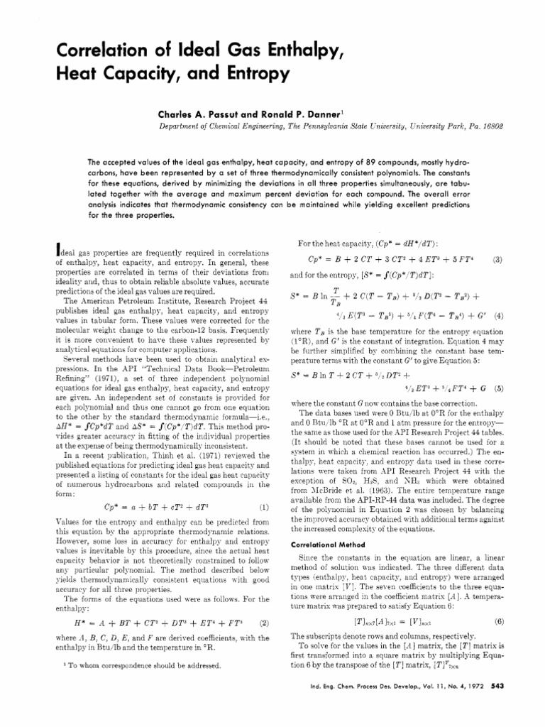 Correlation of Ideal Gas Enthalpy, Heat Capacity, and Entropy | PDF ...