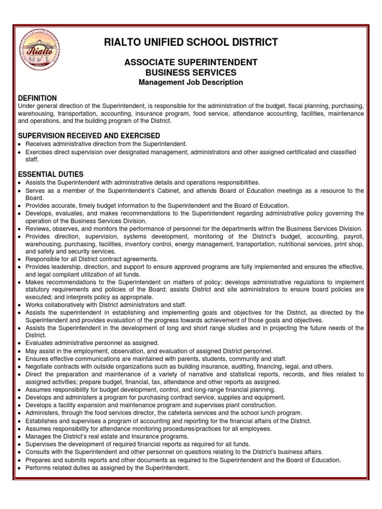 Rialto Unified Associate Superintendent of Business Services Job