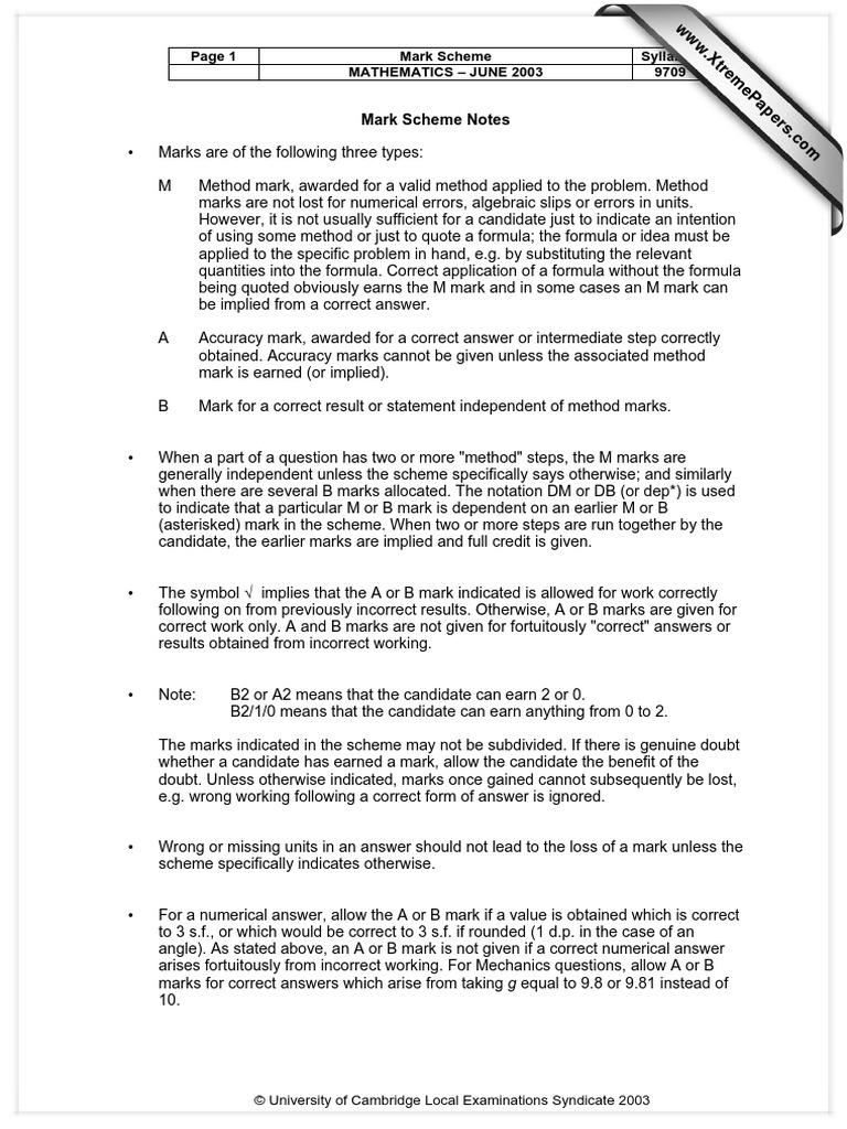 Mark Scheme Syllabus Mathematics - June 2003 9709 | PDF