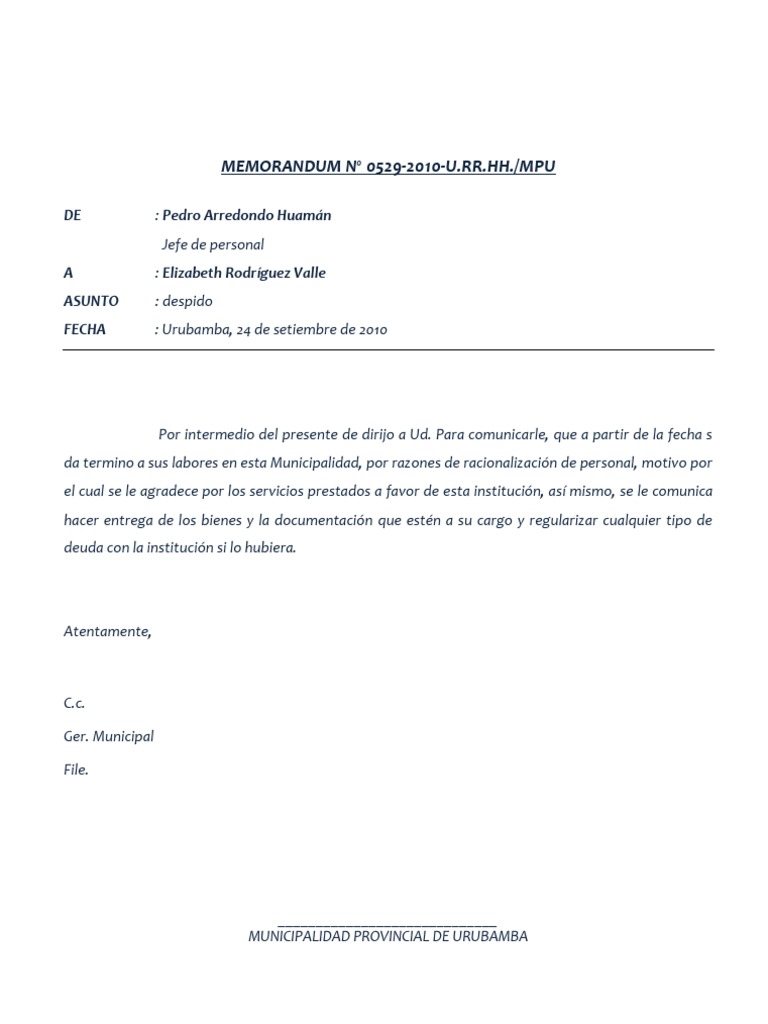 society memorandum pdf of Modelo de Memorandum Despido