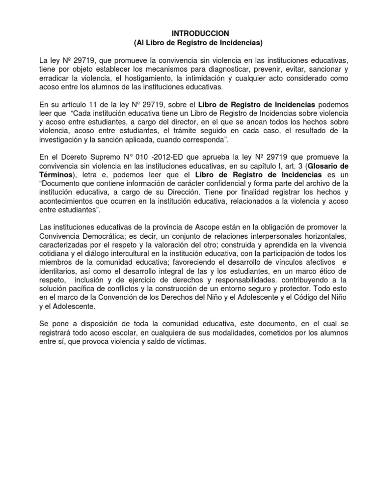 Ficha Para Libro de Incidencias Ugel Institución Violencia
