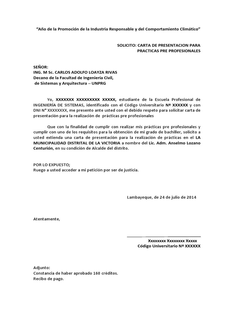 Solicitud Para Carta De Presentacion Practicas Pre Profesionales
